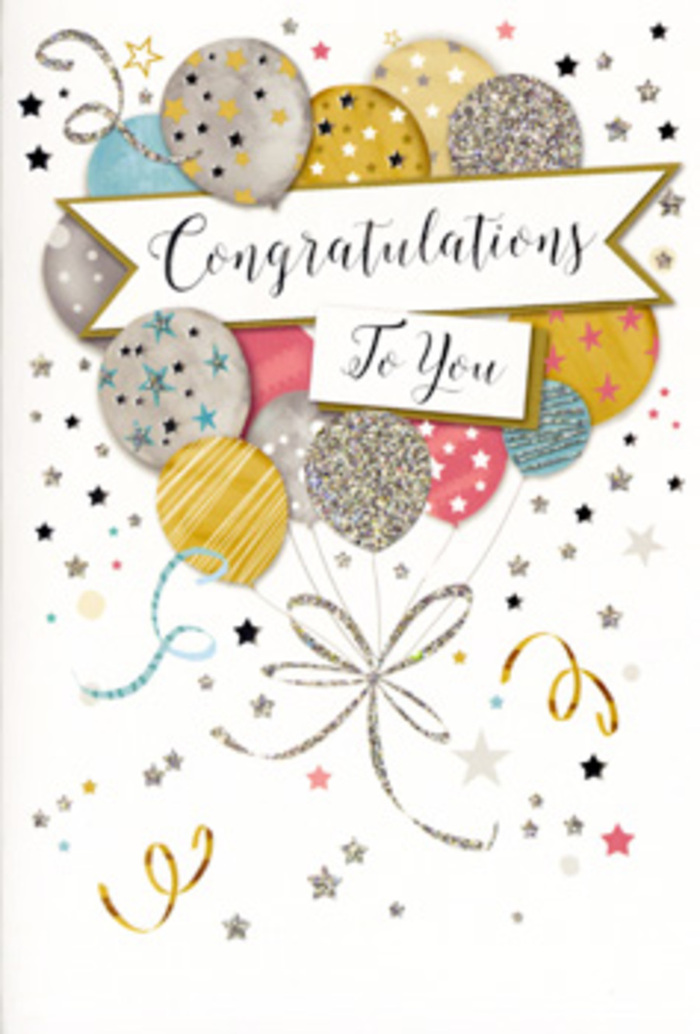 In this illustration, a congratulations card is presented as a delicate yet exuberant tribute to achievement, very much in keeping with the kind of thoughtful finishing touches people in New Southgate choose to accompany celebratory flowers. At its core is a bouquet-like gathering of balloons, arranged so they seem to float upward in a loose, organic cluster rather than in rigid rows. The colours are tastefully balanced: soft metallic golds and silvers, gentle champagne, and muted tones of blue, blush pink and grey that call to mind a dusky sky above Arnos Grove at the end of a successful day. Each balloon is adorned with careful detailing-tiny star shapes, subtle glitter-style specks and fine linear patterns that softly catch the imagined light, creating an impression of depth and a touch of sparkle without overwhelming the eyes. From their bases, thin, curling ribbons in gold and silver flow downwards, crossing and looping in graceful arcs that echo the curl of decorative ribbon around a florist's hand-tied bouquet. Across the centre of the arrangement, a smooth, unfurling banner carries the message "Congratulations To You" in ornate, sweeping script, lending a sense of ceremony and genuine admiration. Scattered around this focal point, a lively constellation of small metallic stars, confetti-like dots and whimsical swirling lines dances over a pale, uncluttered background, suggesting the joyful aftermath of a celebration at a local New Southgate venue or family home. The card's overall effect is uplifting, elegant and full of pride-perfect for graduations, promotions, exam successes or any hard-won milestone worth marking with flowers and a message that feels truly special, crafted with the same care you would expect from Florist New Southgate.