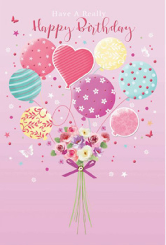 There is a gentle sense of jubilation in this birthday card-style illustration, as if a joyful moment in New Southgate has been frozen in pastel tones. A blush-pink background provides a warm, embracing atmosphere, like the soft sky above quiet residential streets near Station Road at sunset. From that background rises a cluster of pastel balloons, each rendered with careful detail. Some balloons twirl with ribbon-like stripes, others dance with cheerful polka dots, and a few show intricate swirls and floral patterns, creating a playful mix of shapes and lines. The colours-pale sunshine yellow, rosy pink, seafoam green, and lavender-meld together seamlessly, echoing the palette of a well-curated birthday party. At the base of this airy cluster, a hand-tied bouquet appears, its stems gathered firmly yet gracefully. Petite roses and daisy-like blooms in creamy ivory, blush pink, and soft mauve nestle together, accompanied by anemone-like blossoms whose petals are shaded delicately from centre to edge. The texture of the flowers seems almost tangible: velvety, layered, and full of life. A purple satin bow decorates the binding point, catching and reflecting the imagined light with small, sparkling highlights. Around the bouquet and balloons, small butterflies and star motifs hover, suggesting movement and a whimsical, storybook atmosphere. The overall composition feels like a birthday wish drifting slowly upward, filled with affection and hope, much like receiving a thoughtful flower and balloon gift delivered to a doorstep in New Southgate. Every element works together to convey joy, tenderness, and the quiet thrill of being remembered on one's special day.
