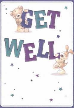 In this whimsically illustrated get well card, the comforting energy of New Southgate is brought to life through the adorable partnership of a cuddly teddy and its loyal floppy-eared pup. The bear, with cheerful golden fur and round, inviting features, is perched atop the word 'GET,' while below, the tender puppy playfully snuggles against the large, bold 'WELL.' Their expressive faces and soft forms project an aura of reassurance, much like the kindness shared by neighbours along Station Road. The card's rich indigo and teal typography pops against an elegant white background, the cleanliness of the palette suggesting renewal and support, reminiscent of a fresh floral delivery by a New Southgate florist. Twinkling stars in shades of blue and violet are scattered like confetti, each one a miniature spark of hope and possibility echoing the promise of brighter days. The illustration's textures evoke the sensation of tactile comfort-the bear's plush fur and the puppy's velvety ears reminiscent of a favourite soft toy. With thoughtful care evident in every brushstroke, the overall composition conjures the same nurturing intent as a carefully arranged bouquet; it's an uplifting, visually charming gesture that quietly assures recipients in New Southgate that they're cared for, valued, and never alone on the road to recovery.