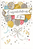 The congratulations card in this image offers a gentle burst of festivity, the kind you might find propped beside a vase of fresh blooms on a New Southgate kitchen table after sharing a piece of good news. Centrally, a generous cluster of illustrated balloons gathers in a loose, natural arrangement, some balloons overlapping and others peeking out from behind, creating the illusion of depth and upward movement. The colour palette leans toward refined pastels and soft metallics: warm gold, cool silver and champagne are interwoven with light sky blue, blush pink and soft greys, evoking the calm yet joyful atmosphere of an early evening walk near Arnos Park. Each balloon is individually detailed, with some covered in tiny star motifs, others with delicate stripes or scattered specks that mimic the look of sparkling glitter. The slender ribbons that trail from their bases are drawn in shimmering golden and silvery lines, curling and looping in an easy, flowing pattern that feels as relaxed and celebratory as ribbon cascading from a carefully wrapped gift. Across the middle of the design, a classic ribbon-like banner stretches horizontally, bearing the phrase "Congratulations To You" in elegant, handwritten-style script that radiates warmth and sincerity. Around the central arrangement, small stars, subtle dots and playful swirls drift against a pale, neutral background, calling to mind confetti still hanging in the air after a party at a nearby community hall. The image conveys a feeling of pride, happiness and lightness, making this card an ideal companion to a thoughtfully arranged bouquet when you want to mark someone's achievement with both beauty and heartfelt words.