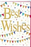 This "Best Wishes" card is a bright, joyful design that would sit perfectly next to a vase of fresh blooms on a New Southgate windowsill. The main focus is the greeting itself, written in fluid, gold script that appears slightly embossed, catching the light with a gentle shimmer. Against the clean white background, the gold lettering stands out clearly, offering a sense of clarity and warmth, as though the words themselves are glowing with good intentions. Encircling the message, delicate strings of bunting arch across the top and bottom of the card in loose, festive curves. Each small triangular flag is painted in a lively palette-deep blues, vibrant reds, fresh greens, sunny yellows, and sweet pinks. Some are patterned with tiny dots or thin stripes, while others are simple blocks of colour, reminiscent of handmade decorations you might see at a neighbourhood celebration near Brunswick Park or in a local school hall. Dotted around the bunting are small star motifs and colourful confetti spots, artfully scattered to evoke the feeling of a party in full swing, where laughter and good news fill the air. The layout feels light and uncluttered yet brimming with positive energy, like a calm moment in the middle of a happy gathering. This card is perfectly suited to milestones such as passing exams, starting a new job, moving home, or any time you want to send encouragement and good luck. Its mix of gold shimmer, bright bunting, and confetti suggests heartfelt congratulations, making it a thoughtful finishing touch for a celebratory bouquet delivered around New Southgate.