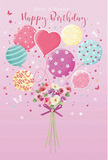 On a soft pink canvas, this birthday-themed artwork presents a whimsical celebration that could easily belong to a cosy gathering in New Southgate. From the centre of the scene, a cluster of pastel balloons floats upward, their strings and shapes converging at a bouquet of fresh, hand-tied flowers. Each balloon displays a distinct design: some are wrapped in candy-coloured stripes, others scattered with playful polka dots, while a few are adorned with gentle swirls and floral patterns. The colours-blush pink, minty green, lemon yellow, lilac, and hints of creamy white-blend in a way that feels both soothing and joyful. Anchoring the balloons is a compact bouquet of blooms that seem freshly arranged, as if lifted straight from a florist's workbench near Arnos Grove. Roses in cream and blush tones combine with daisy-like and anemone-style blossoms in muted mauve and ivory, creating a soft yet vibrant mix of shapes and textures. The petals appear feathery and full, inviting the viewer to imagine their sweet, comforting fragrance. A violet satin bow is tied neatly around the stems, its silky loops gleaming gently where the light touches them. Scattered across the composition are tiny stars and delicate butterflies, giving the impression of a magical breeze swirling around the arrangement. The lighting is bright but tender, highlighting the glossy surfaces of the balloons and the natural, velvety glow of the petals. Together, these elements evoke the feeling of a perfectly festive birthday moment, filled with love, warmth, and the quiet excitement of being surprised with something beautiful.