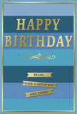 This stylish birthday card is photographed upright, revealing a front cover that blends tranquil blues with understated golden glamour, much like a small yet special celebration at home in New Southgate. The background is constructed from broad horizontal stripes that run cleanly from edge to edge, each stripe a distinct shade of blue. Starting with a deep navy that grounds the base, the colours gradually step through rich teal and ocean blues until they reach a softer, lighter blue toward the top, giving a sense of depth and calm, as if gazing across open sky above Arnos Grove. Centred across these stripes is the message "HAPPY BIRTHDAY", embossed in solid capital letters of metallic gold. The foil lettering stands slightly proud of the card's surface, its smooth, reflective finish catching small highlights and lending a touch of celebration without being overly bright. Directly underneath this main heading lies an elegant gold flourish, a flowing, symmetrical motif that introduces a classic, decorative note. Below the flourish, three slender gold banners are neatly stacked, each carrying part of the gentle wish: "Relax, have a great day and enjoy!" The text is set in clean, unfussy type, making the sentiment feel personal and sincere. A narrow gold line frames the entire card, outlining the layered blues and drawing the eye inward. Imagined alongside a hand-tied bouquet delivered locally, this card feels perfect for sending thoughtful birthday wishes across New Southgate, offering not just congratulations but a quiet reminder to pause, breathe, and enjoy the day.